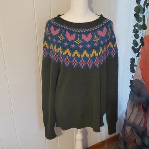 Time and Tru Dark Green Crewneck Sweater with Multicolor Fair Isle Yoke